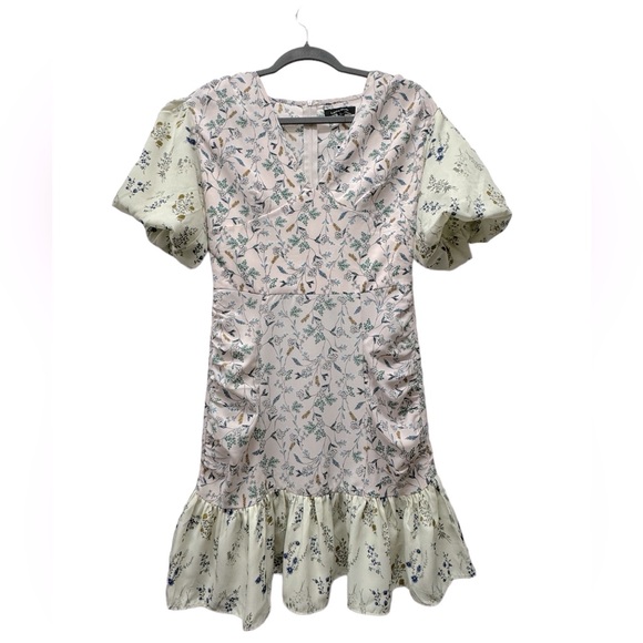 New! Lea & Viola Floral Puff-Sleeve Sheath Dress, v-neck, pink & cream, small - Picture 2 of 7